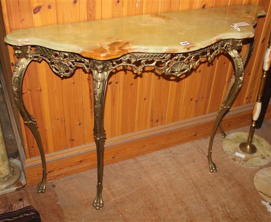 Louis XV style gilt metal demi-lune console table with shaped variegated alabaster top